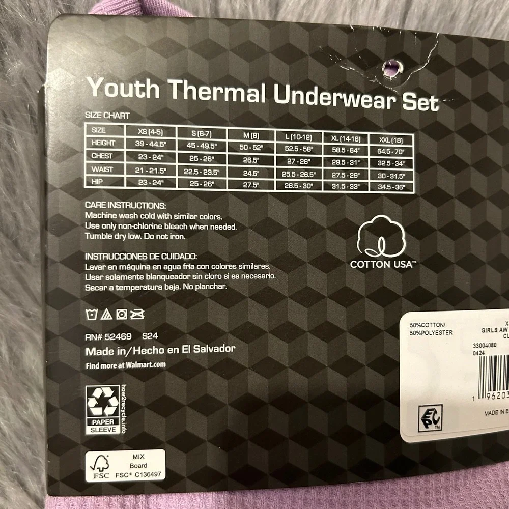 Athletic Works Thermal Underwear Set Girl Size XS (4-5) Purple 2 Piece Pajama‎